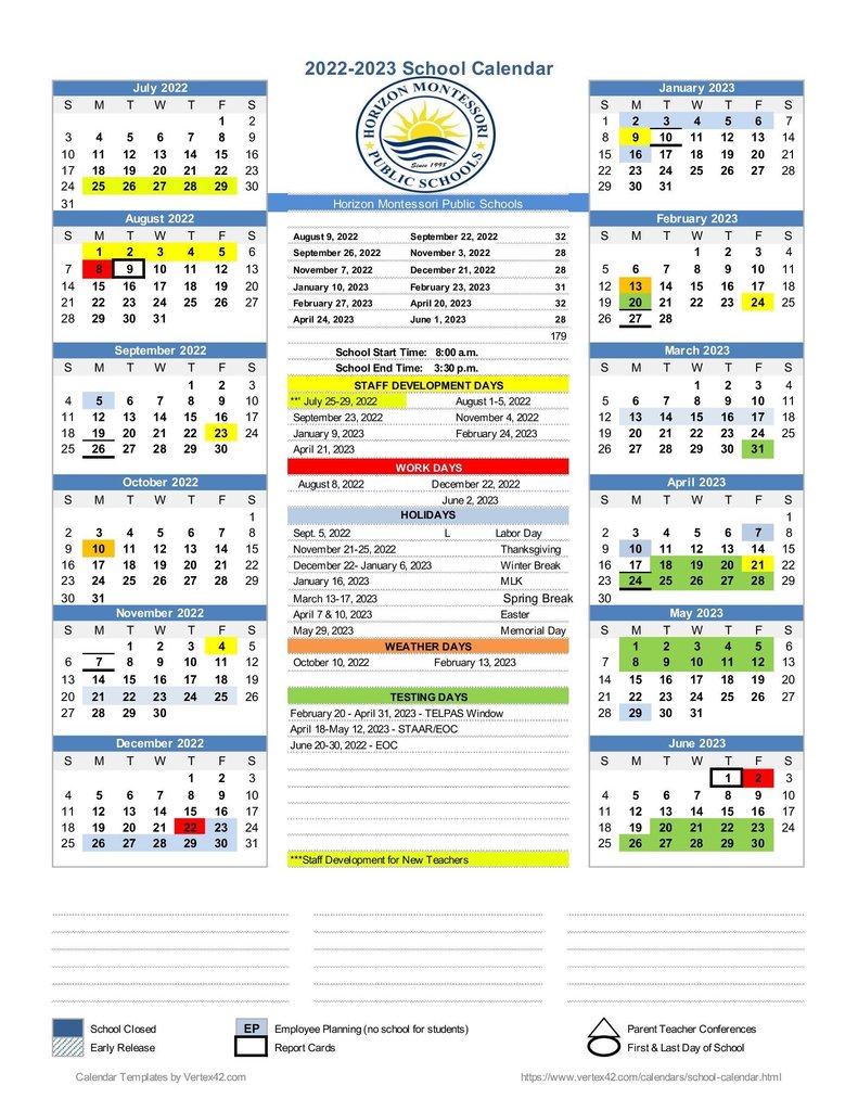 2022 - 2023 School Calendar