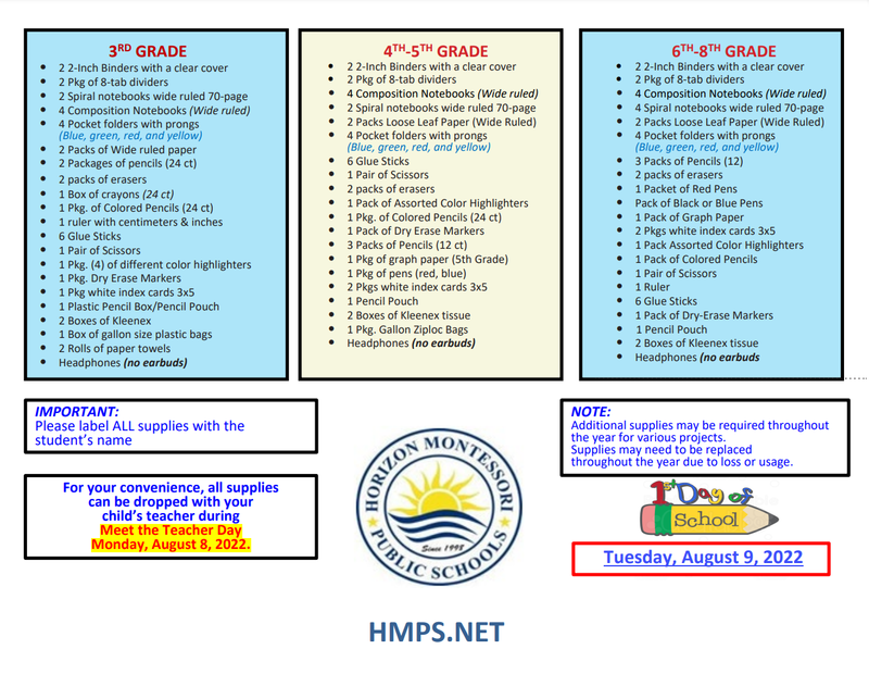 HM1 School Supply List 20222023 HM I McAllen STEM Academy